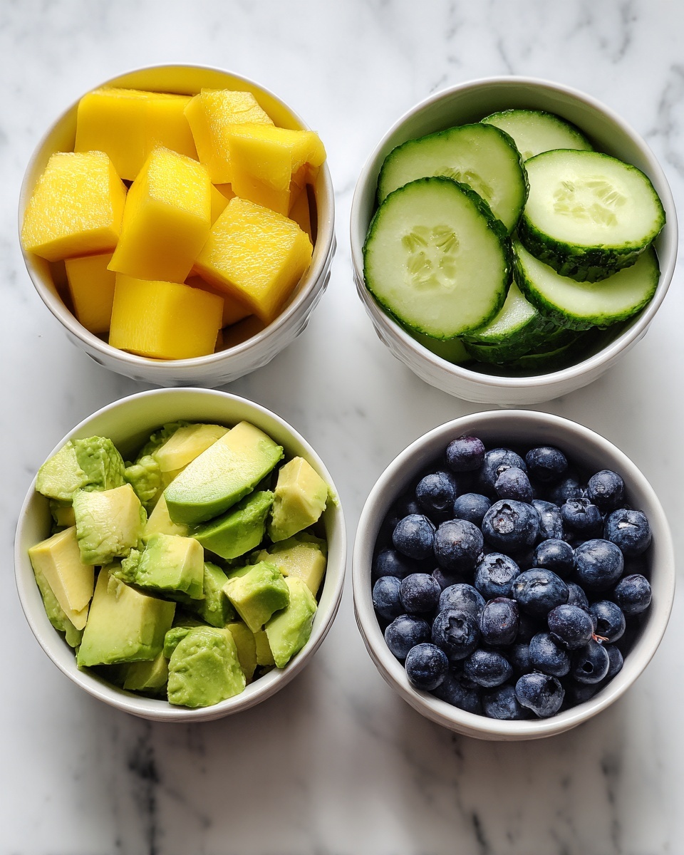 Four small white bowls are arranged on a white marbled surface, each filled with a different fresh ingredient. The top left bowl holds bright yellow mango cubes with smooth, shiny surfaces. The top right bowl contains light green cucumber slices with darker green skin edges. The bottom left bowl is filled with chunky pieces of avocado showing light yellow-green flesh and some darker green skin. The bottom right bowl contains plump, deep blue blueberries with a slight sheen. Photo taken with an iphone --ar 4:5 --v 7