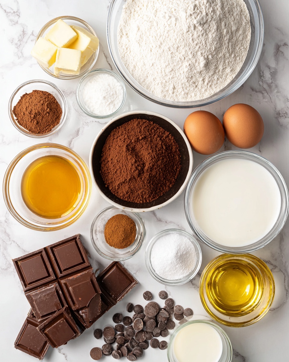 The image shows several ingredients neatly arranged on a white marbled surface: a large clear bowl filled with white flour is at the top right, next to it are three brown eggs. Below the eggs is a dark bowl filled with brown cocoa powder. A small white bowl is filled with caramel-colored syrup near the top left. There is a small container of clear light yellow oil below it. A large clear bowl of white granulated sugar is placed in the center right. In the middle left, there are small glass bowls containing salt, cinnamon powder, and baking soda. At the bottom left, two large pieces of milk chocolate and many small round chocolate chips are spread out. On the right side, three glasses filled with white and light cream liquids and one small bowl of a golden liquid complete the set. Photo taken with an iphone --ar 4:5 --v 7