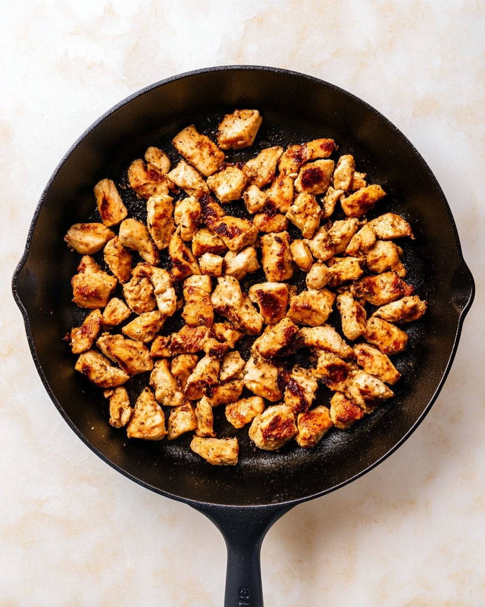 The image shows a black cast iron pan filled with small, cooked pieces of golden-brown chicken evenly spread out across the surface. The chicken pieces are a mix of light and darker brown shades with a slightly crispy texture visible on some edges. The pan handle extends to the right side of the image, and it sits on a white marbled surface that provides a clean, bright background contrast to the dark pan and cooked chicken. photo taken with an iphone --ar 4:5 --v 7