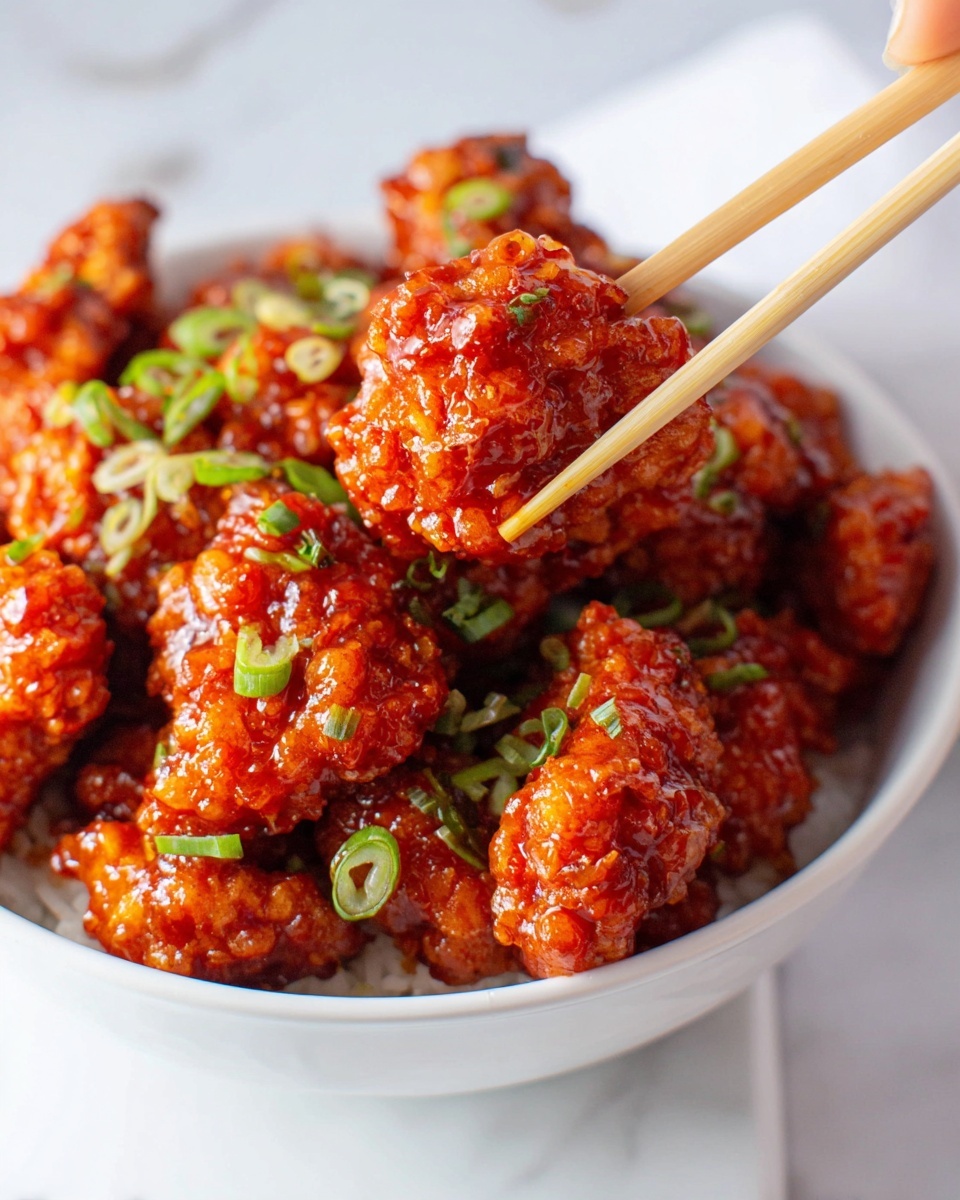 A white bowl filled with two layers: the back layer is plain white rice with a soft, fluffy texture, and the front layer holds many bright red-orange sauced pieces of crispy fried chicken, each piece shiny and coated in sauce. The chicken pieces are sprinkled with small, fresh green onion slices for contrast. On top of the bowl, two wooden chopsticks rest across the rice. The bowl sits on a white marbled surface with a light-colored cloth underneath. Photo taken with an iphone --ar 4:5 --v 7