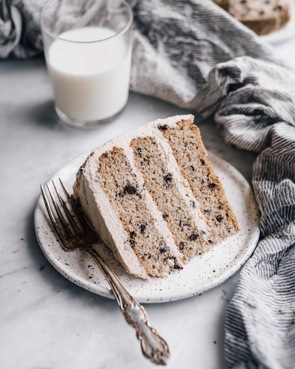 A slice of three-layer light brown cake with visible dark chocolate chip spots is placed on a white speckled plate. The layers are evenly thick and separated by a smooth, light brown frosting with a slightly textured finish matching the outer frosting on the cake. The cake slice sits on a white marbled texture, next to an antique silver fork with intricate details on the handle. In the background, there is a clear glass filled halfway with milk and a crumpled gray and white striped cloth. Photo taken with an iphone --ar 4:5 --v 7
