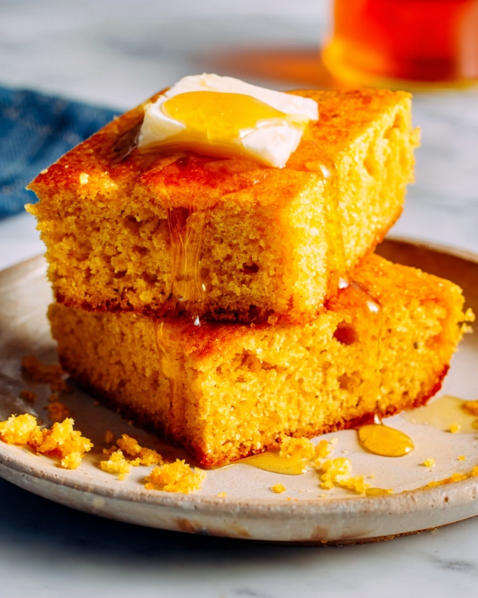 Two thick yellow cornbread slices stacked on a white plate with one slice slightly leaned on the other. A pat of melting butter sits on the top slice, shining from the light, as golden syrup drips down the sides and pools around the bread. The cornbread has a coarse texture with small crumbs scattered on the plate. The background is a white marbled surface with a blurred element of amber syrup in the top right. Photo taken with an iphone --ar 4:5 --v 7