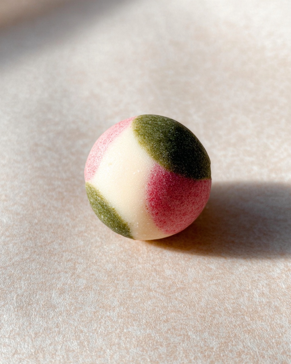 A small round ball with three separate color parts blended smoothly: a creamy white base layer, a pink textured patch covering one side, and a dark green patch on the opposite side, all sitting on a light beige textured surface that looks like parchment paper. The focus is on the ball in the center with soft light. Photo taken with an iphone --ar 4:5 --v 7