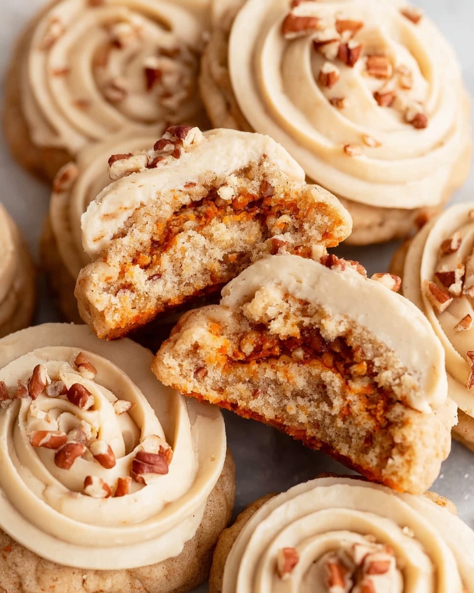 This image shows a close-up of several cookies with light brown caramel-colored swirled frosting on top, sprinkled with small pieces of pecans. The cookies are soft-looking with a slightly rough texture, and one cookie is broken in half to show the inside, which is moist with bits of orange visible, possibly carrot, and filled with a thick layer of creamy light brown frosting. They are placed closely together on a white marbled surface. Photo taken with an iphone --ar 4:5 --v 7