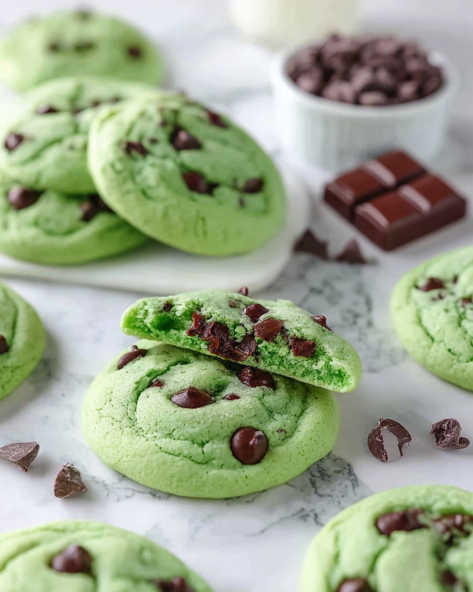 The image shows several soft green cookies with dark chocolate chips embedded throughout, placed on a white marbled surface. Each cookie is round, slightly thick, and has a smooth texture. One cookie is slightly broken with pieces of chocolate scattered nearby. In the background, there is a white dish filled with more chocolate chips and a few chunks of dark chocolate resting on the surface. The overall scene is bright and clean, highlighting the vibrant green color of the cookies and the rich brown of the chocolate chips. Photo taken with an iphone --ar 4:5 --v 7