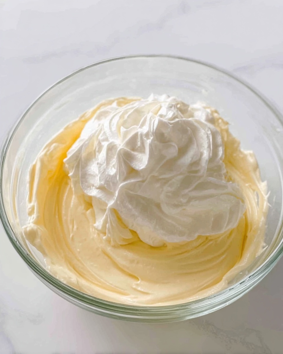 A clear glass bowl contains two layers of creamy mixtures. The bottom layer is a thick, smooth, pale yellow cream that fills most of the bowl. On top of it is a dollop of bright white, fluffy cream with soft, swirled texture. The bowl is placed on a white marbled surface. photo taken with an iphone --ar 4:5 --v 7