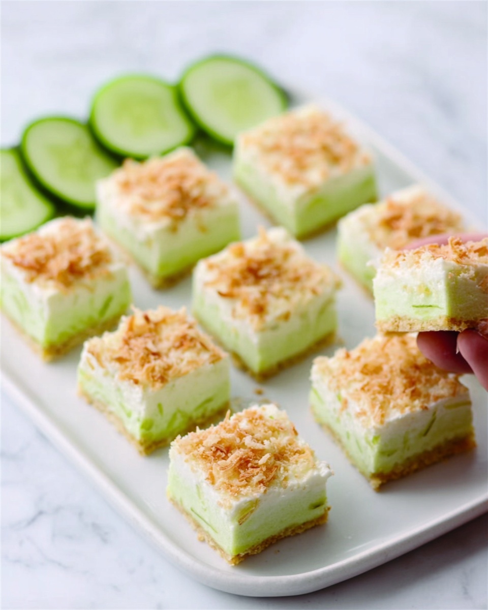 The image shows eight small, square pieces of a dessert arranged neatly on a white plate. Each piece has three visible layers: the bottom layer is a pale green color with a soft texture, the middle layer appears creamy and white, and the top layer is sprinkled with light brown crushed nuts or crumbs. Two thin slices of cucumber are placed at the top left of the plate, and a woman's hand is holding a small piece of the dessert near the top right corner. The background surface is a white marbled texture. Photo taken with an iphone --ar 4:5 --v 7