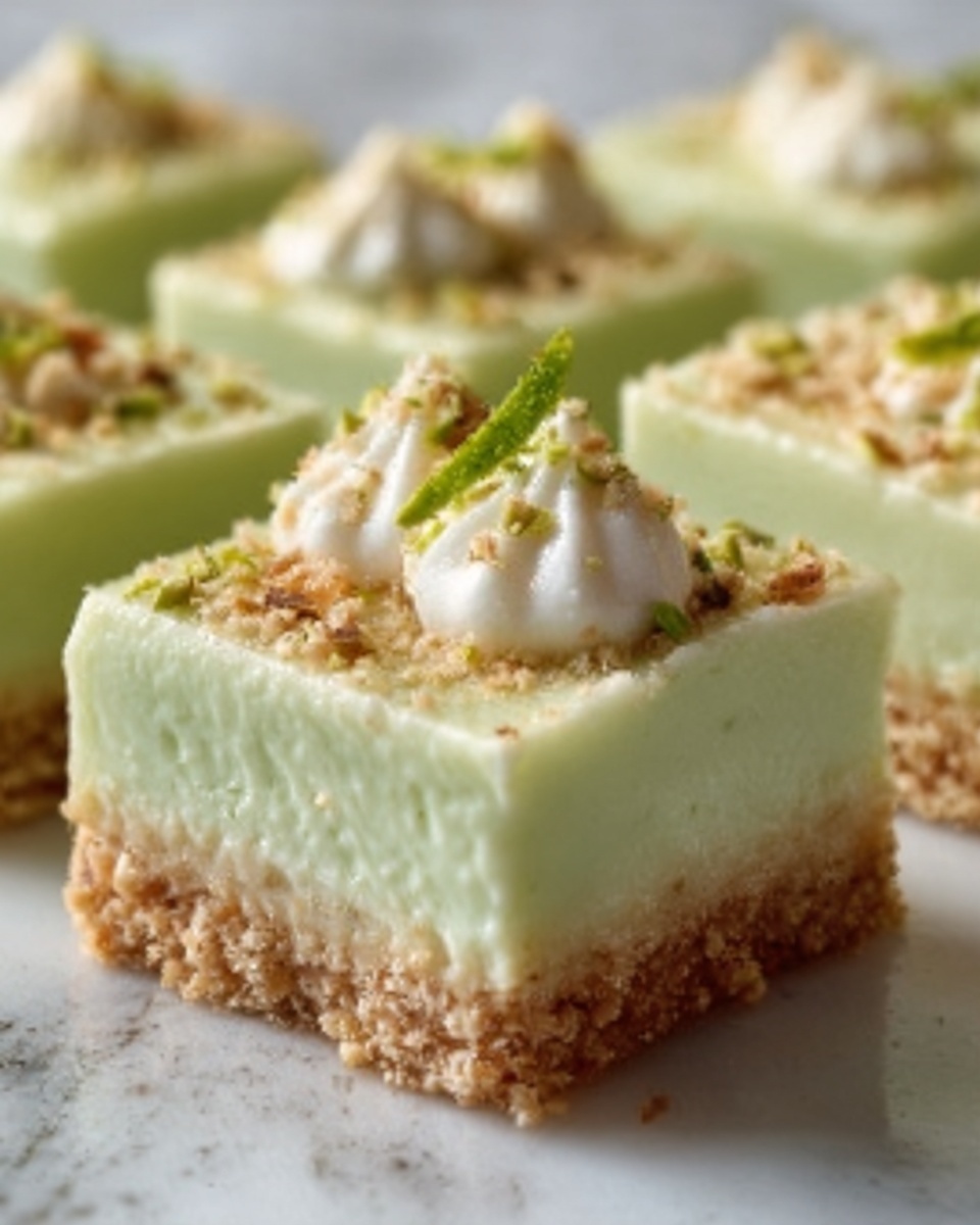 A close-up view of a square dessert with three visible layers. The bottom layer is a light brown crumbly crust, looking firm and textured. The middle layer is thick and smooth, pale green in color, creamy in texture. The top layer has small white cream peaks spread evenly, sprinkled with light brown crushed nuts, giving a slightly rough texture. There is a small green garnish on top for decoration. The dessert pieces are arranged on a white marbled surface. photo taken with an iphone --ar 4:5 --v 7