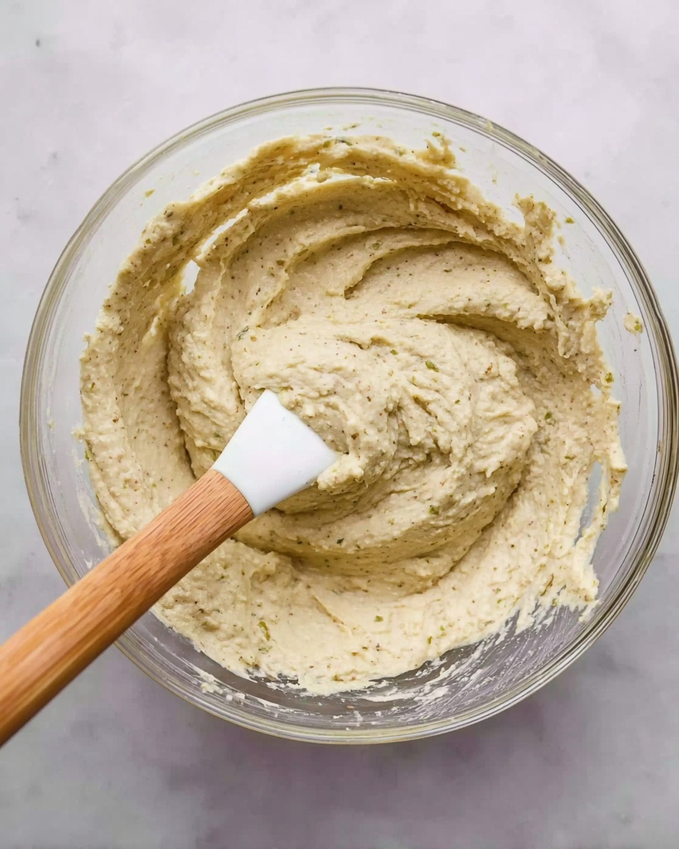A clear glass bowl filled with a thick, pale beige mixture that has a slightly chunky and creamy texture with small green and brown specks throughout. A wooden-handled spatula with a white silicone tip is resting inside the bowl, partially covered by the mixture. The bowl sits on a white marbled surface. photo taken with an iphone --ar 4:5 --v 7