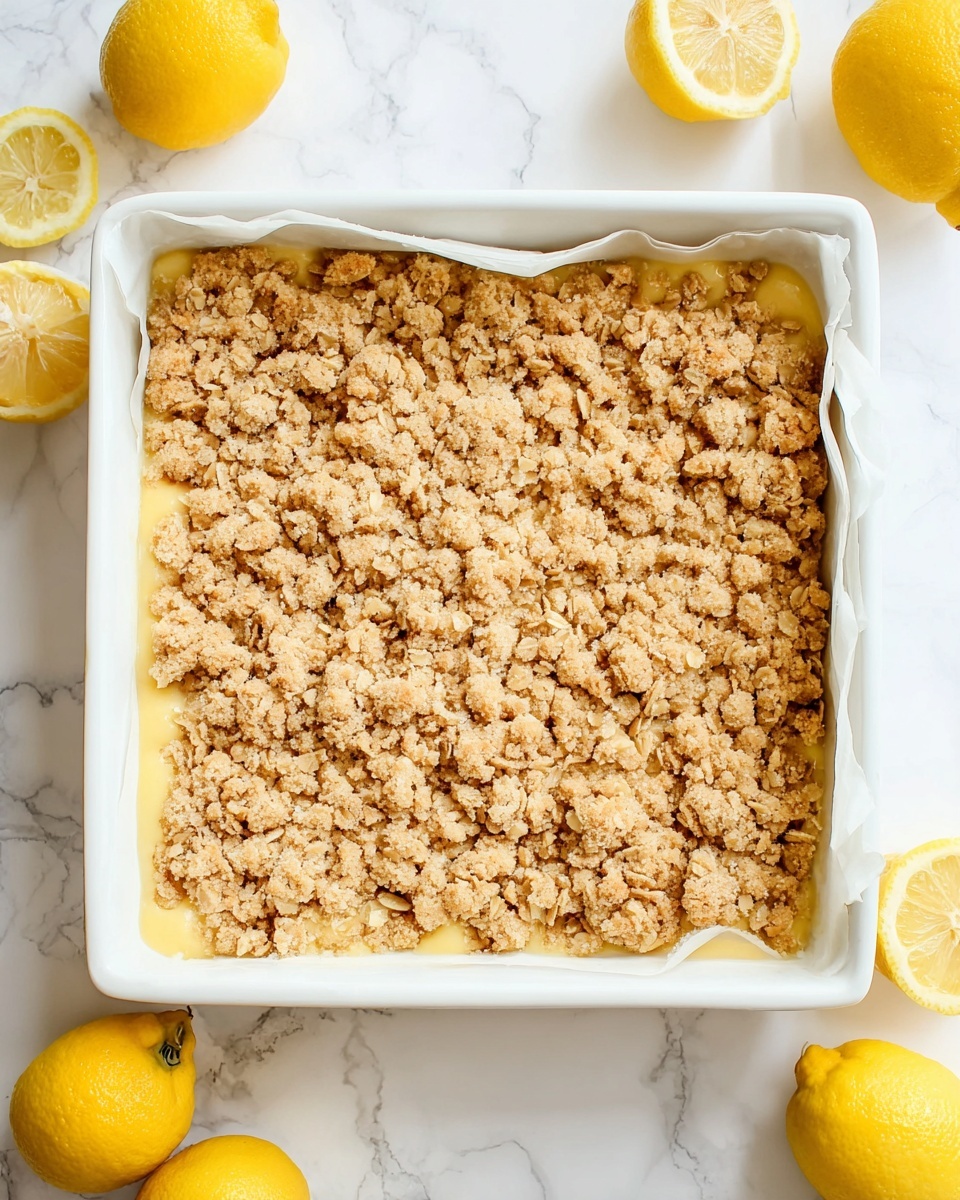 The image shows a square white baking dish filled with a dessert that has two visible layers: the bottom layer is a smooth, pale yellow color, likely a lemon filling, while the top layer is a crumbly, golden brown oat topping with a rough texture. The baking dish is lined with white parchment paper, and the surface beneath has a white marbled texture. Around the dish, there are whole and halved fresh lemons with bright yellow skin and juicy interiors. Photo taken with an iphone --ar 4:5 --v 7