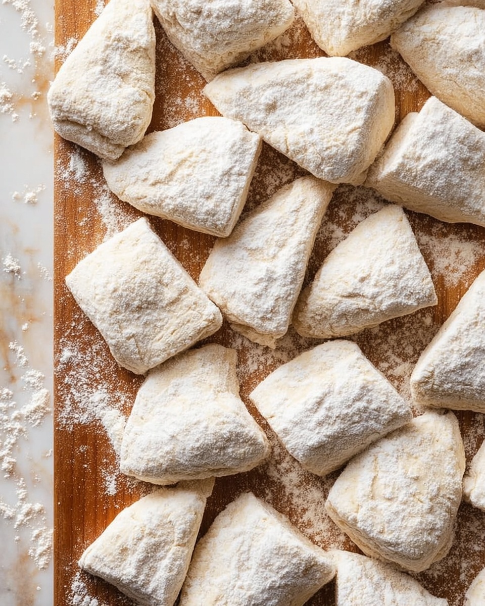The image shows many small dough pieces arranged closely on a wooden board, each piece dusted lightly with flour. The dough pieces have a rough, soft texture and are cut into irregular triangular shapes. The board underneath has a warm brown color with scattered flour, creating a rustic look. The whole scene is viewed from above, with a clear focus on the fresh, uncooked dough pieces ready for baking or cooking. The background around the board is a white marbled texture photo taken with an iphone --ar 4:5 --v 7