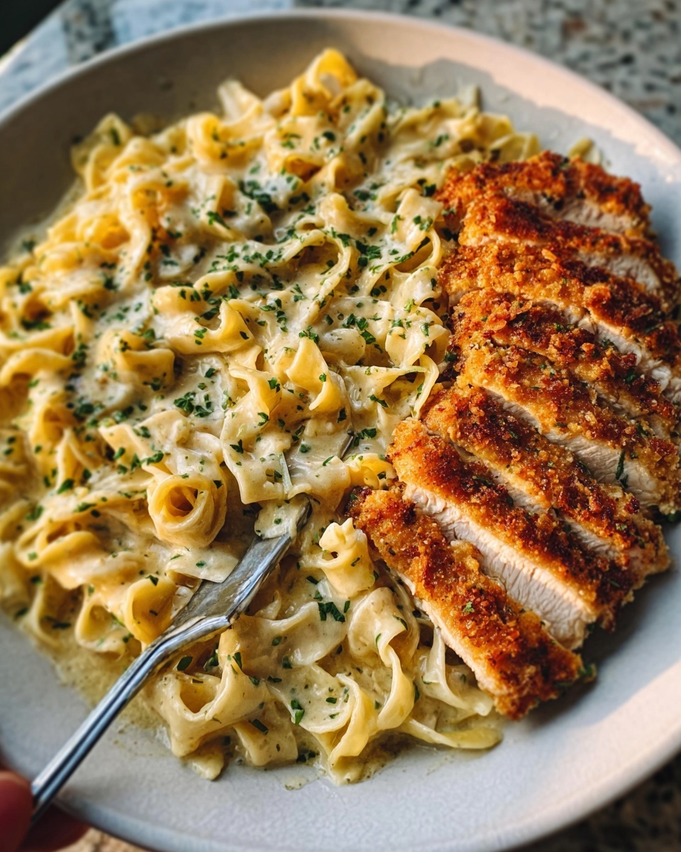 The image shows a white ceramic plate filled with two main parts. On the left side, there is a generous portion of creamy pasta with thick, flat noodles coated in a light beige sauce sprinkled with green herbs. On the right side, a sliced chicken fillet with a golden-brown crispy crust is arranged neatly in overlapping pieces, showing the tender white inside. The plate is on a white marbled surface, and a woman's hand is holding a fork poised over the pasta. The overall lighting is soft and natural, highlighting the textures and colors. photo taken with an iphone --ar 4:5 --v 7