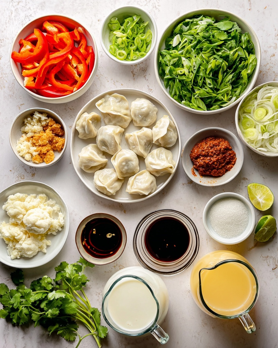 A top-down view of various small white bowls and clear pitchers arranged carefully on a white marbled surface, each holding different fresh ingredients. In one large white bowl at the center bottom, there are many pale, folded dumplings with smooth texture. To the right of the dumplings, a large white bowl is filled with chopped bright green leafy vegetables. Above that, there are small white bowls containing thinly sliced dark green scallions, a chunky reddish-brown paste, and finely minced garlic that looks creamy white. To the left, a white bowl holds bright red sliced bell peppers, next to a bowl of light brown sugar. Around these, small white bowls contain minced ginger with a pale yellow tone, a dark red chili sauce with visible chili flakes, finely chopped white onions, a small cup of dark soy sauce, a light yellow liquid in a small cup, and two clear pitchers filled with white milk and a golden-brown broth. A fresh green lime is placed near the bottom right side, and bright green parsley leaves are near the top left. Photo taken with an iphone --ar 4:5 --v 7