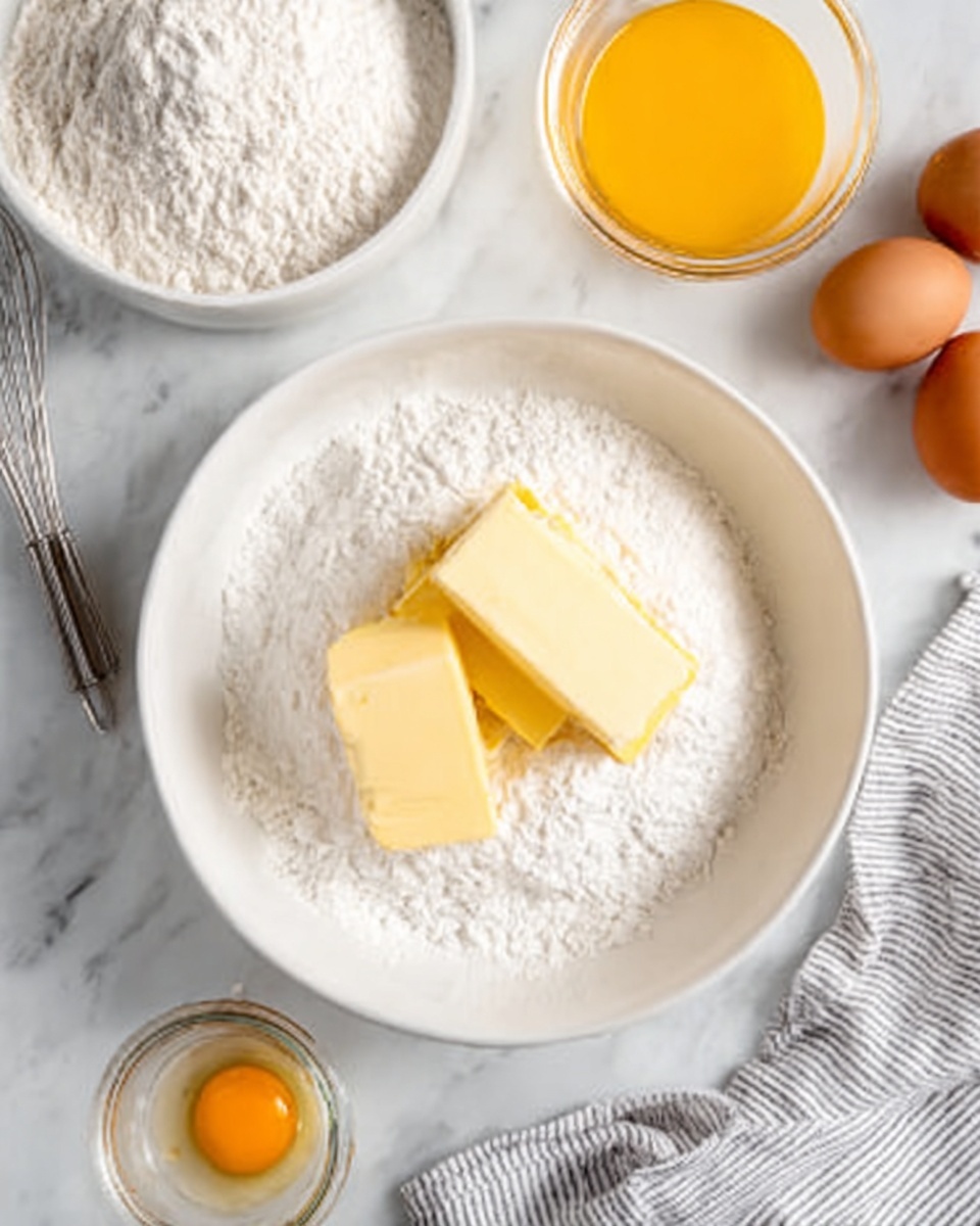 A white bowl on a white marbled surface holds two rectangular blocks of light yellow butter placed on top of a mound of white flour. Around the bowl, there are three brown eggs to the top right, a small clear bowl filled with bright orange egg yolk beside them, and a clear jar with a cloudy liquid to the left. A metal whisk rests beside a larger white bowl filled with flour in the top left corner. At the bottom right, a white and gray striped cloth is partially visible. photo taken with an iphone --ar 4:5 --v 7