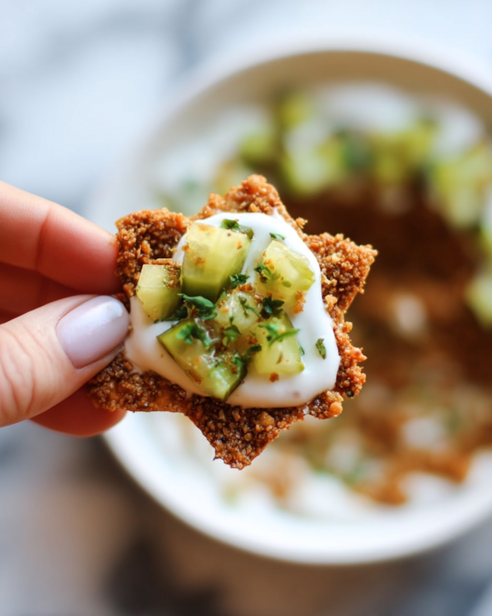A close-up image of a woman's hand holding a small, star-shaped tortilla chip. The chip has three layers: a base layer of crumbly brown topping, a middle layer of smooth white cream, and the top layer consists of small green pickles cut into chunks and sprinkled with tiny green herbs. In the blurred background, a white bowl with a similar layered mixture is visible, placed on a white marbled surface. photo taken with an iphone --ar 4:5 --v 7