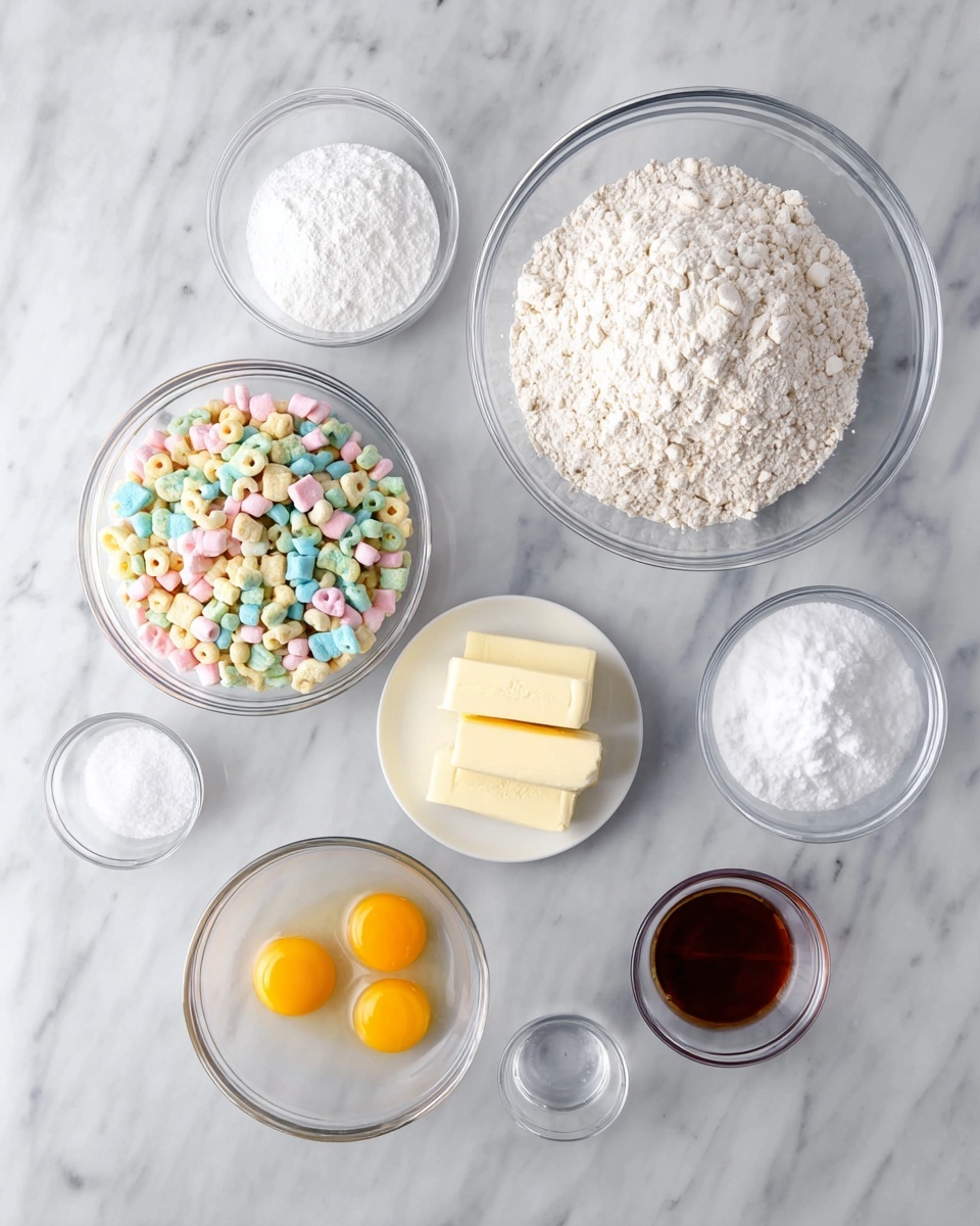 Seven clear glass and white dishes are arranged neatly on a white marbled surface. At the top right is a large clear glass bowl filled with white flour. To its left is a small bowl holding white powder, likely baking soda. Below these is a medium clear glass bowl containing colorful cereal pieces with pastel marshmallows mixed in. To the right is a small white plate with two soft yellow sticks of butter. Beneath the cereal is a clear glass bowl full of white granulated sugar. To the right of that bowl is a small clear glass bowl holding two cracked eggs with bright yellow yolks. At the bottom left is a tiny clear bowl with white salt, and to its right is a small bowl filled with dark brown vanilla extract. The overall arrangement is clean and bright with distinct textures. Photo taken with an iphone --ar 4:5 --v 7