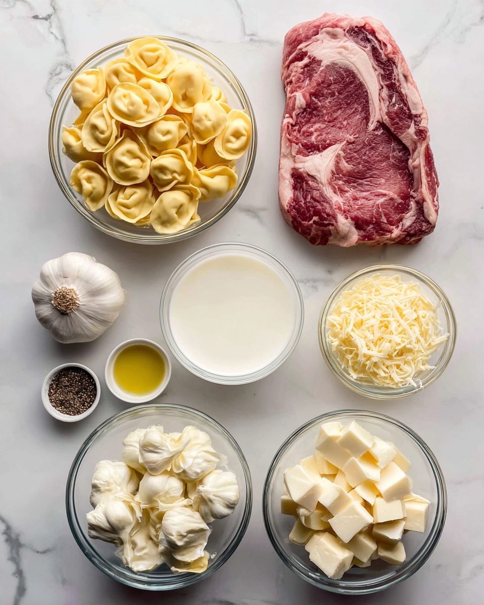 On a white marbled surface, there are several clear glass bowls and ingredients neatly arranged. In the top left, there is a bowl full of light yellow tortellini pasta. To the right of this bowl is a thick piece of raw red meat with fat marbled through it. Below the pasta, there is a small bowl of golden yellow oil. Next to the oil is a medium bowl with white milk or cream. To the right of that is a bowl filled with shredded pale yellow cheese. Below the cheese bowl, there is another bowl containing uncooked tortellini with white cheese pieces mixed in. At the bottom left, a whole bulb of garlic is visible next to two smaller chunks of white cheese. A small bowl of coarse black pepper sits near the center on the left side. photo taken with an iphone --ar 4:5 --v 7