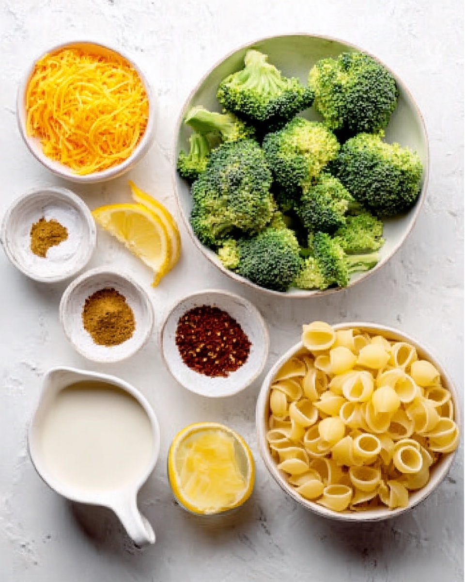 The image shows a white bowl filled with bright green broccoli florets, placed on a white marbled surface. Surrounding the bowl are several small white bowls holding different ingredients: shredded orange cheese, yellow lemon wedges, a light brown powder, and some dark brown and red spices. Next to these smaller bowls is a larger white bowl with uncooked yellow pasta shells and another bowl with creamy white liquid. Everything is neatly arranged in a clean and organized way. Photo taken with an iphone --ar 4:5 --v 7