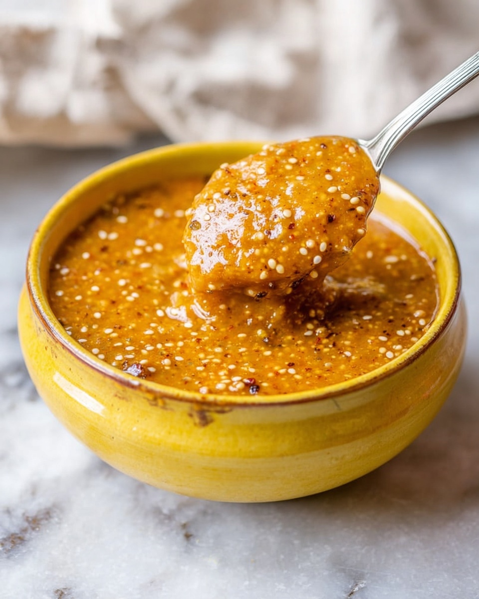 A yellow ceramic bowl filled with a thick orange mustard sauce full of visible mustard seeds and small bits of spices. A spoon is held above the bowl, scooping up the chunky sauce, showing its textured, grainy surface. The background is a white marbled surface with a soft cloth in the top corner. photo taken with an iphone --ar 4:5 --v 7