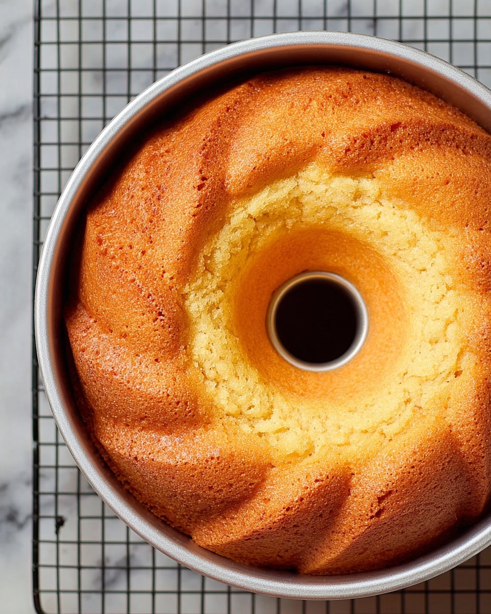 A golden brown bundt cake sits inside a shiny silver bundt pan, showing a smooth, slightly cracked top layer with a soft and moist texture. The cake has one visible layer with a warm yellow color that deepens to a light brown at the edges. The pan is placed on a black wire cooling rack, all set against a white marbled background. The center hole of the pan is clearly visible, adding shape and depth to the image. Photo taken with an iphone --ar 4:5 --v 7