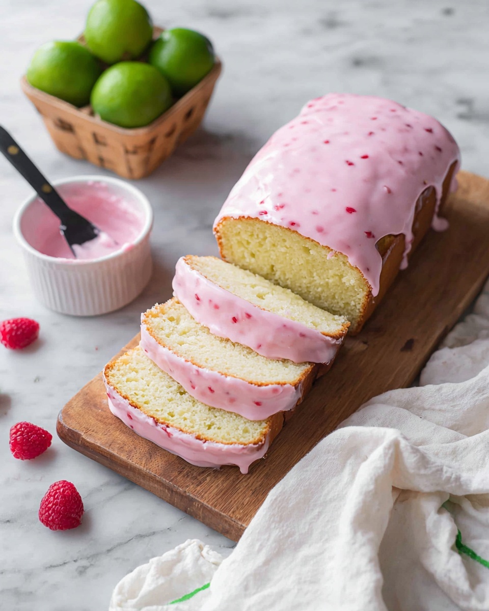 A loaf of soft yellow cake is placed on a wooden board with four big slices cut from the front, each slice topped with a thick layer of pink icing with small red specks. The cake has a smooth, shiny surface and the icing gently drips down the sides. Beside the loaf, on a flowing white cloth, there are a few fresh red raspberries scattered. Next to the cloth, there is a small white bowl filled with more pink icing and a black-handled spatula resting inside it. In the background, there is a small wooden basket filled with green limes, all set on a white marbled surface photo taken with an iphone --ar 4:5 --v 7