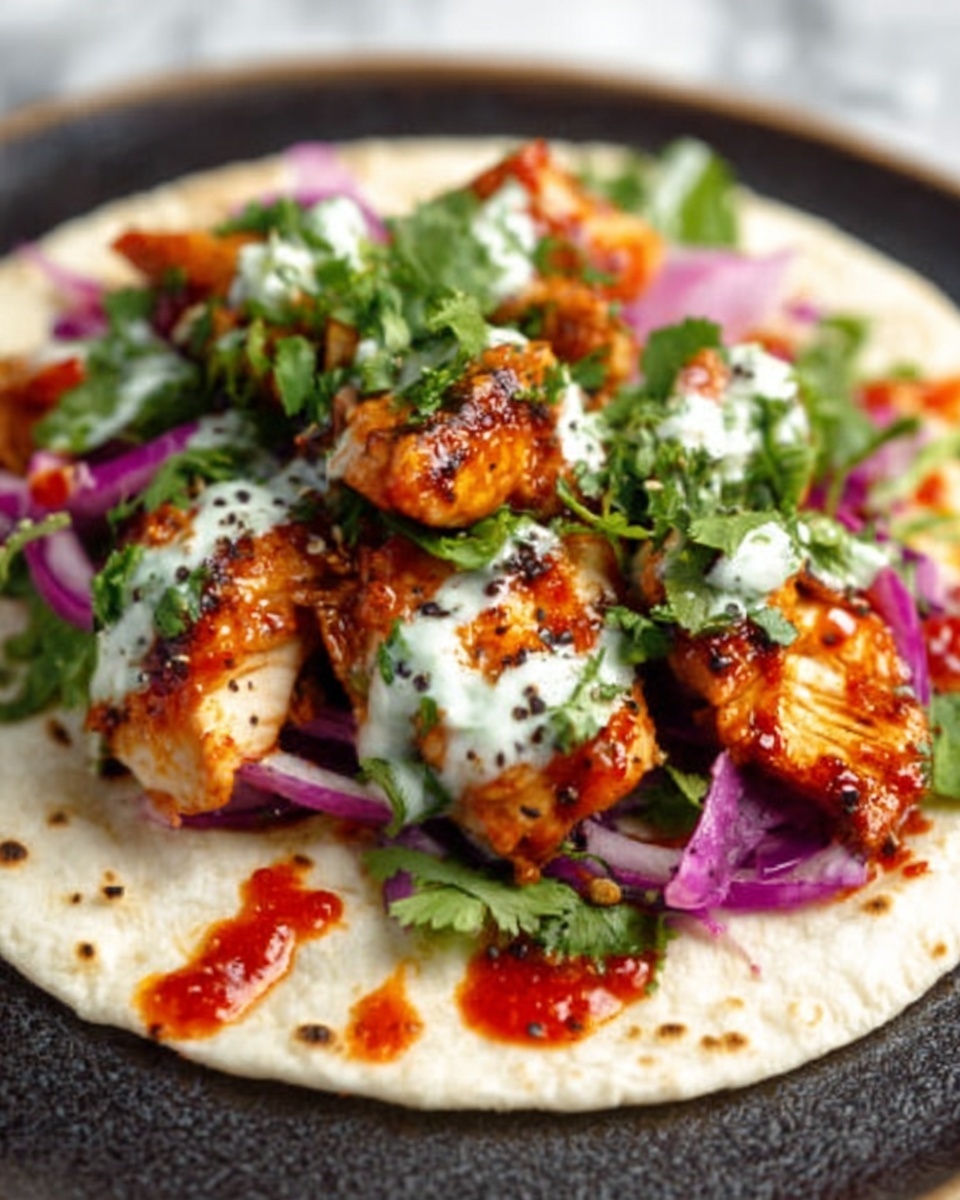 The image shows a close-up of a flat white tortilla topped with several pieces of golden-brown grilled chicken with a slightly shiny texture. On top of the chicken is a layer of fresh green cilantro leaves and thin slices of purple onion spread evenly. There are bright red salsa spots scattered around, adding a vibrant color contrast. A small dollop of white creamy sauce with black pepper flakes sits on the upper part of the tortilla, creating a creamy and fresh look. The tortilla rests on a dark plate, placed on a white marbled surface. photo taken with an iphone --ar 4:5 --v 7