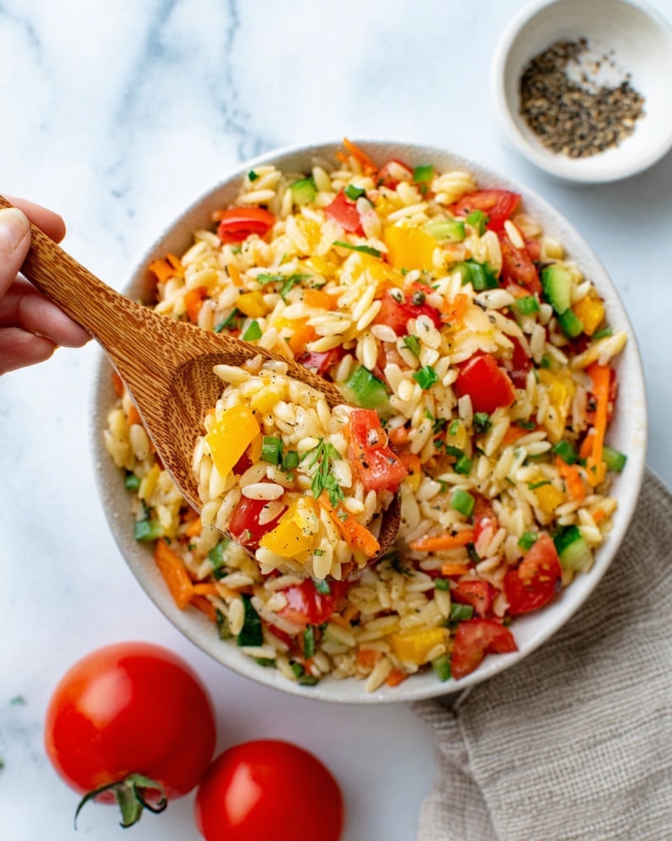 The image shows a white bowl filled with a colorful pasta salad made of small, rice-shaped pasta pieces mixed with chopped red tomatoes, green bell peppers, and thin carrot slices, all visible in a mix of bright colors. A wooden spoon is scooping some of the salad from the bowl, held by a woman's hand coming from the left side of the frame. The bowl is on a white marbled surface, with two red tomatoes and a small white bowl of ground black pepper placed nearby. The textures are fresh and vivid, with the pasta pieces glistening slightly, and the vegetables adding crisp contrast. photo taken with an iphone --ar 4:5 --v 7