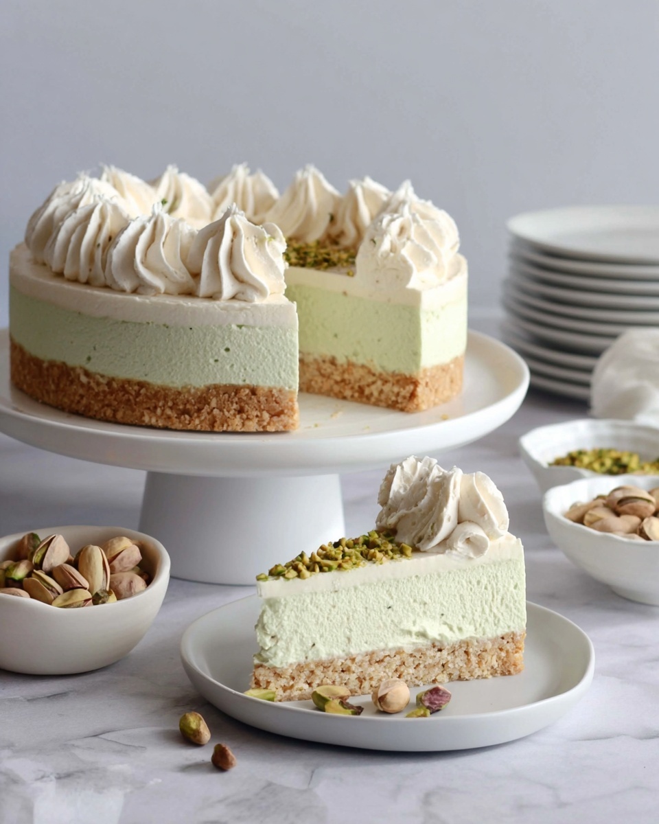 The image shows a three-layered cake with a thick bottom crust layer in a light brown, crumbly texture. Above this is a thick, pale green creamy layer that looks smooth and rich. On top of the cake is a thick layer of white cream piped in swirls all around the edge. A slice of the cake is placed on a white plate in the front, showing the layers clearly, with some crushed pistachios sprinkled on the cream layer and a few whole pistachios scattered on the plate. The whole cake is displayed on a white cake stand, with a white marbled texture surface underneath, and some white plates stacked in the background. There are also two bowls filled with pistachios nearby. photo taken with an iphone --ar 4:5 --v 7