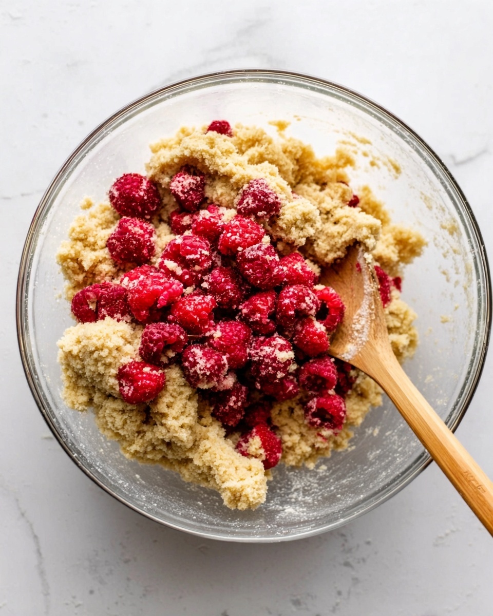 A clear glass bowl sits on a white marbled surface filled with a crumbly beige dough base that looks soft and thick. On top of the dough, there is a pile of bright red raspberries scattered unevenly with some raspberries partially mixed into the dough. A wooden spoon with a smooth handle rests inside the bowl, partly inserted into the dough, showing interaction with the mixture. Photo taken with an iphone --ar 4:5 --v 7