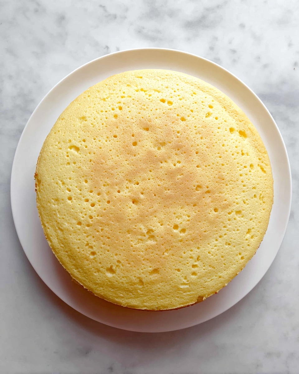 A single round cake layer with a smooth and light yellow surface is placed on a white plate. The cake has a soft, even texture with tiny holes scattered across the top, showing the fluffy inside. The outer edge of the cake is slightly browned, highlighting a gentle rise. The white plate sits on a white marbled surface, creating a clean and simple look. photo taken with an iphone --ar 4:5 --v 7