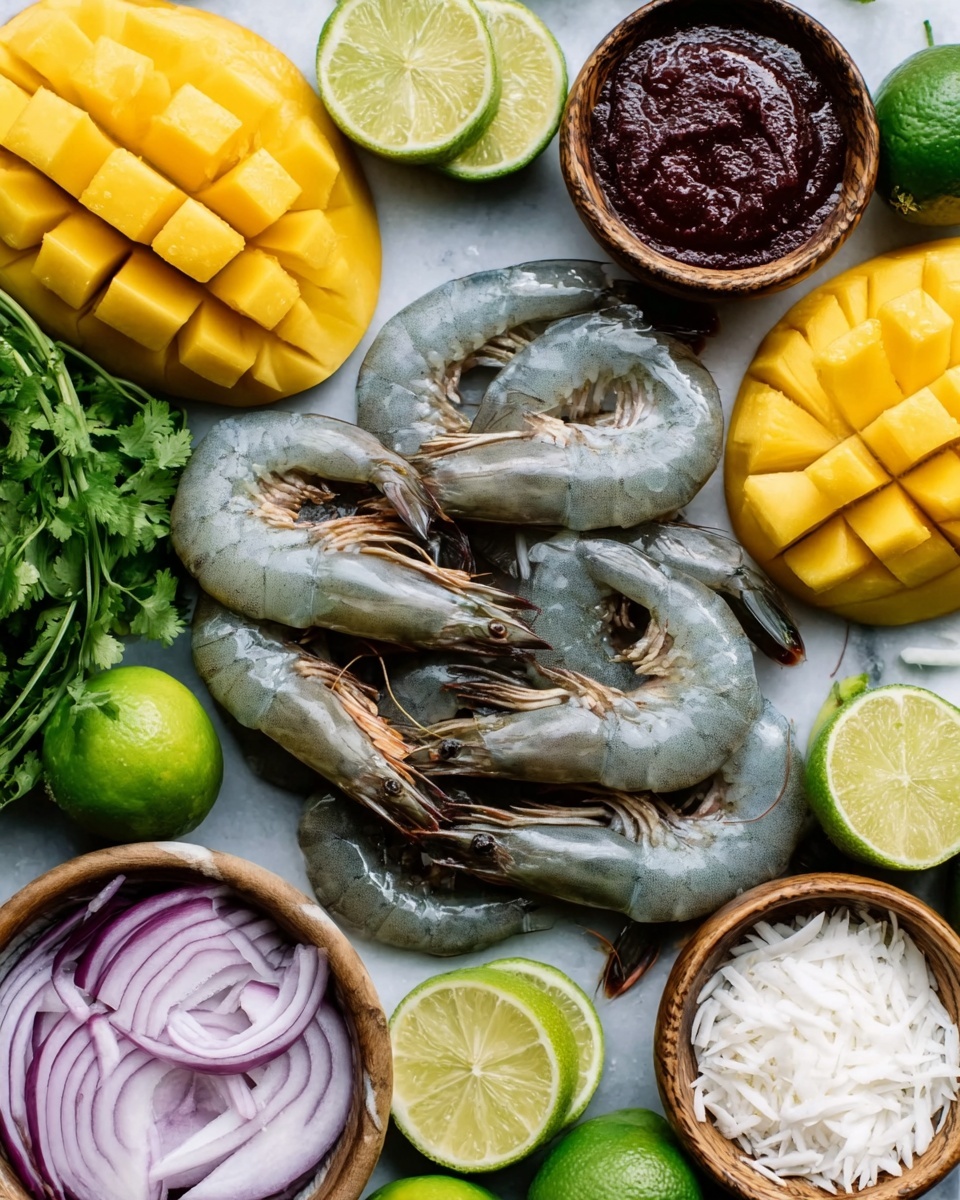 The image shows a white marbled surface with a neat arrangement of raw shrimp in the center, their shells and tails intact, displaying a grayish-blue color. Around the shrimp, there are several bowls filled with different ingredients: sliced red onions with a light purple color, dark red sauce, and white shredded coconut. On the sides, there are two halves of a ripe mango showing bright yellow flesh, and slices of lime with a pale green color. In the corners, green limes and fresh green leafy herbs add vibrant touches to the layout, creating a fresh and colorful scene. Photo taken with an iphone --ar 4:5 --v 7