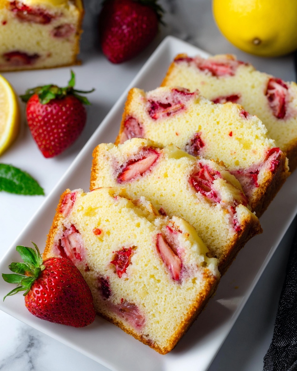 The image shows three slices of light yellow strawberry cake with red strawberry pieces scattered inside and on top. The cake slices have a soft, moist texture with a slightly golden crust on the edges. They are placed neatly on a white square plate. A bright red strawberry with green leaves rests beside the slices on the plate, and part of a whole lemon and more strawberries are visible in the background. The scene is set on a white marbled surface. photo taken with an iphone --ar 4:5 --v 7