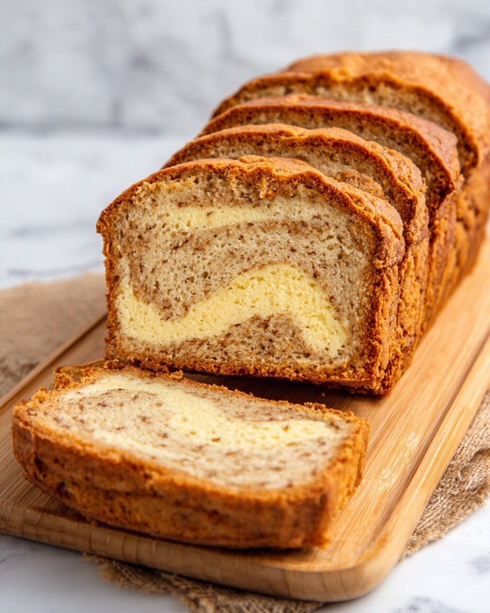 The image shows a loaf of bread sliced into several thick pieces, placed on a wooden board. The bread has a golden brown crust with a soft, speckled inside that is mostly light brown with a creamy yellow swirl running through the center of each slice. The texture of the bread looks moist and slightly dense, with small air pockets visible. The background is a white marbled surface. photo taken with an iphone --ar 4:5 --v 7