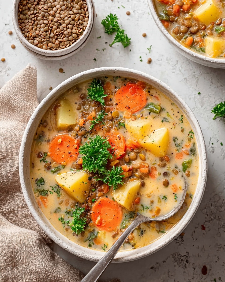 A white bowl filled with creamy lentil soup, showing three visible layers: the top layer has bright orange carrot slices and green parsley leaves, the middle layer holds light yellow potato chunks and brown lentils, and the bottom layer is the creamy light beige soup base speckled with herbs. The bowl sits on a white marbled texture, next to a smaller white bowl packed with raw lentils. A folded beige cloth is placed on the side, and a metal spoon is partially dipped into the soup. photo taken with an iphone --ar 4:5 --v 7
