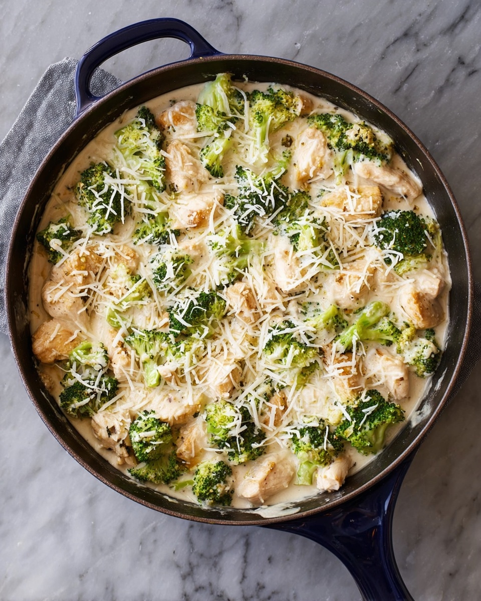 A top view of a dark blue cast iron pan filled with a creamy chicken and broccoli dish. It has three layers: a thick white creamy sauce at the base, chunky pieces of light brown cooked chicken and bright green broccoli florets spread evenly on top, and a sprinkling of shredded white cheese covering the surface. The pan sits on a white marbled surface. photo taken with an iphone --ar 4:5 --v 7