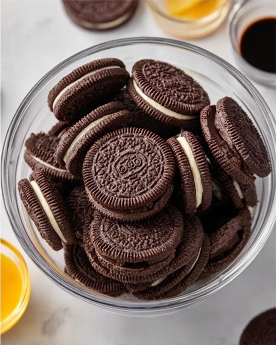 A clear bowl filled with several dark brown sandwich cookies that have a visible light cream layer in the center. The cookies are stacked and arranged upright inside the bowl, showing detailed ridges and patterns on the cookie surface. The bowl is placed on a white marbled surface with small cups of soy sauce and a yellow sauce nearby. The scene is bright and clear, focusing on the texture and color contrast of the cookies and the white bowl photo taken with an iphone --ar 4:5 --v 7