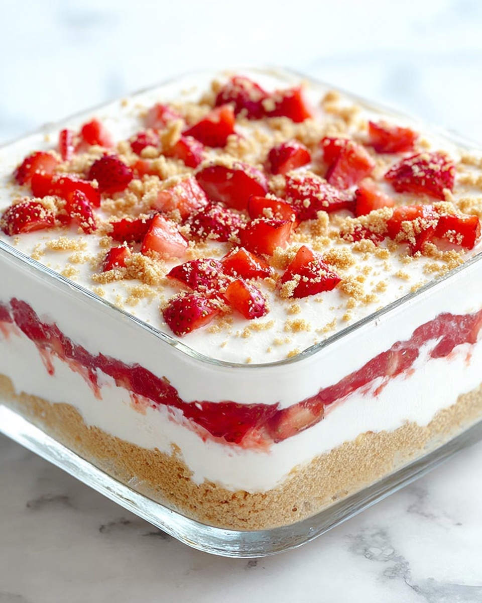 A clear glass square dish shows a dessert with four visible layers on a white marbled surface. The bottom layer is light brown and crumbly like crushed cookies. Above that is a thick white creamy layer. Then a thin layer of red strawberries is seen through the glass. The top layer is smooth white cream with evenly scattered small red strawberry pieces and light brown crumbled topping. The dish looks fresh and colorful with red, white, and light brown tones. Photo taken with an iphone --ar 4:5 --v 7