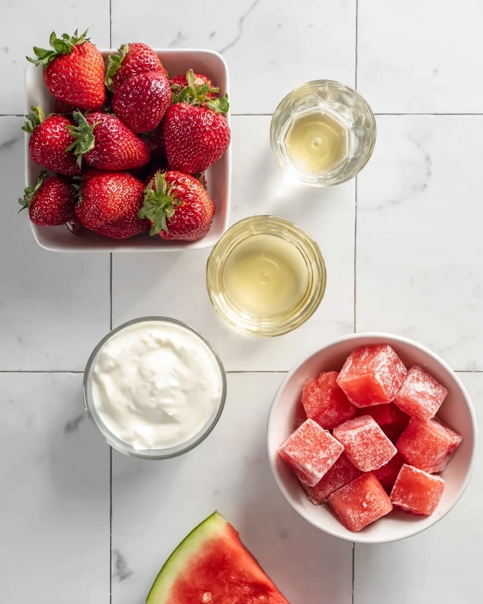 The image shows a white marbled surface with a grid pattern. In the top left corner, there is a white square bowl filled with whole ripe strawberries that are red with green leaves on top. To the right of it, there is a small glass container with a light yellow liquid. Below that, there is another small glass with clear water. In the bottom right, partially visible, is a slice of watermelon with a green rind and red flesh. In the center-left, there is a round glass filled with white yogurt. To the right of it, there is a white round bowl filled with frozen sliced strawberries, showing a frosty red color. Below that, near the bottom left corner, is another white round bowl filled with frozen watermelon cubes, which are a pale red with ice crystals. Photo taken with an iphone --ar 4:5 --v 7