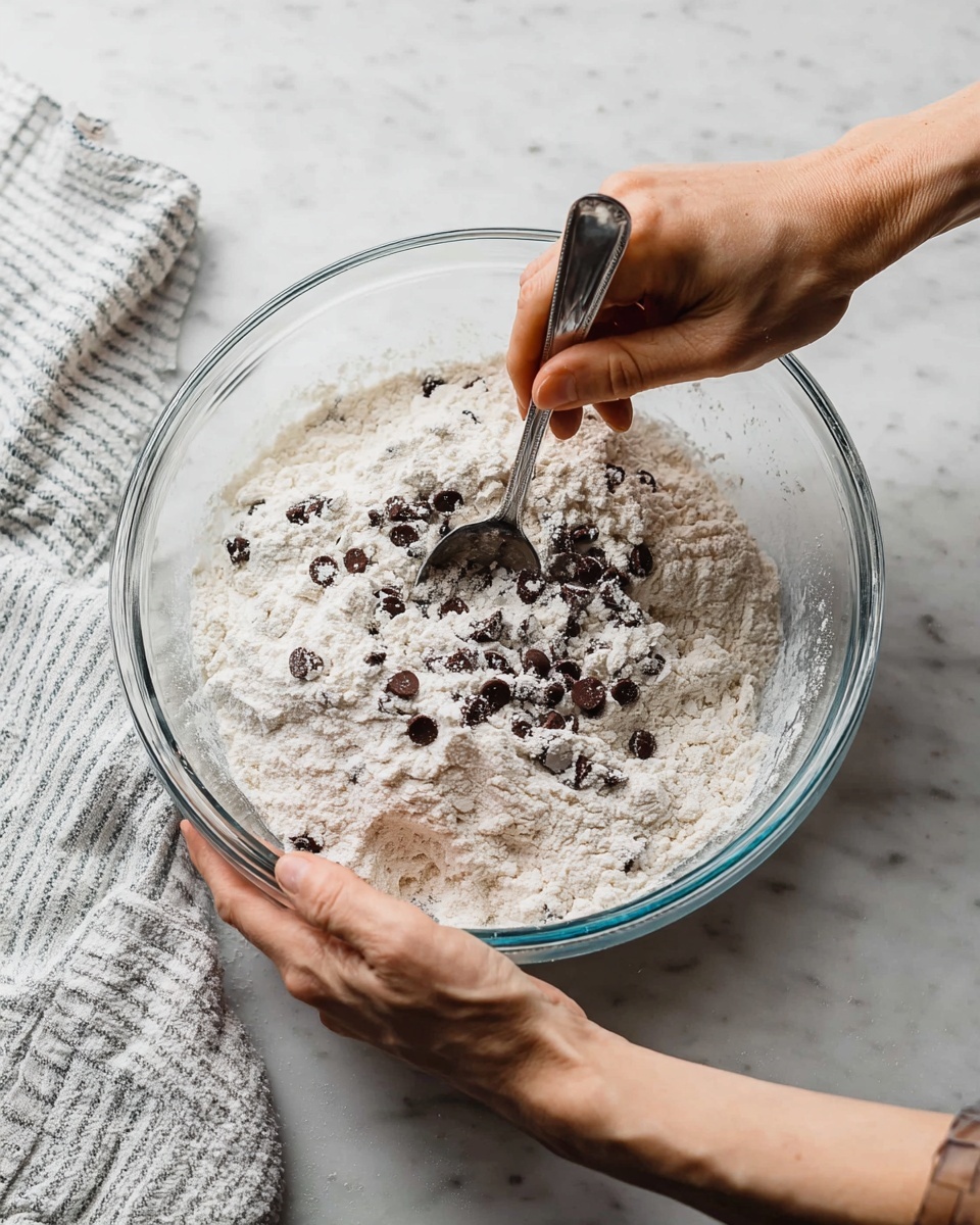 A clear glass bowl is filled with a mixture of white flour and dark brown chocolate chips, creating a contrast of light and dark inside the bowl. The bowl sits on a white marbled surface, and a woman's right hand is holding a spoon stirring the mixture gently while her left woman's hand steadies the bowl. Nearby, a white and gray striped cloth is placed on the surface, adding a soft texture to the scene. The focus is on the bowl and the mixing process, showing small flour clumps around the chocolate chips. Photo taken with an iphone --ar 4:5 --v 7