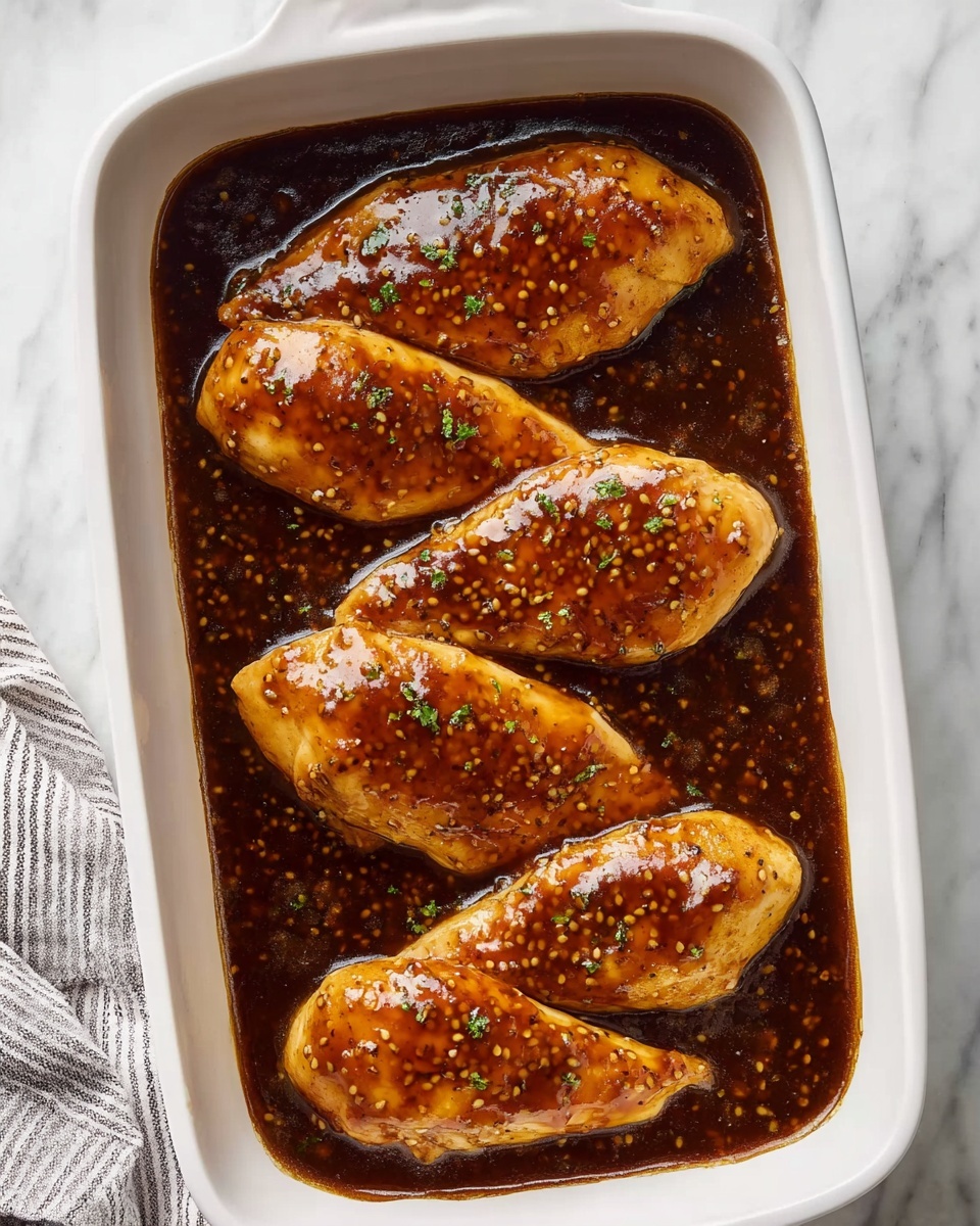 A white rectangular baking dish filled with four golden-brown chicken breasts evenly coated in a thick, shiny dark brown sauce with visible mustard seeds throughout. The sauce covers the bottom of the dish and surrounds each piece, creating a rich glaze effect. The dish is placed on a white marbled surface with part of a striped cloth visible at the lower left corner. photo taken with an iphone --ar 4:5 --v 7