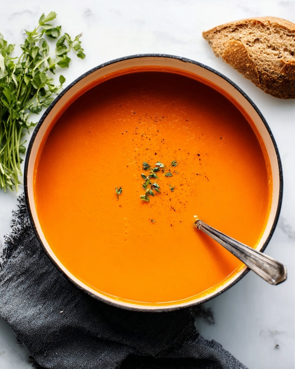 A deep white bowl filled with smooth orange soup is shown from above. A spoon rests inside the soup on the right side, with part of its handle sticking out. The bowl sits on a white marbled surface, beside a small bunch of fresh green herbs on the left and a piece of brown bread in the upper right corner. A dark gray cloth is placed below the bowl, adding contrast to the light background. The soup looks velvety and creamy with no visible chunks. photo taken with an iphone --ar 4:5 --v 7