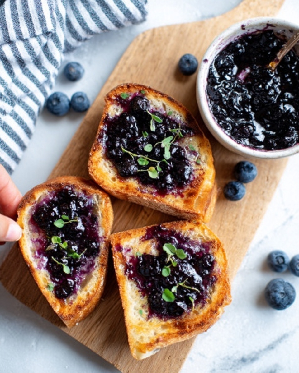 The image shows three pieces of toasted bread with golden-brown crispy edges topped with dark purple blueberry jam and small green herb leaves, placed on a light wooden board. To the top right, there is a small white bowl filled with more blueberry jam, and a few loose blueberries are scattered nearby. The background is a white marbled surface with a striped cloth partially visible from the top left. A woman's hand is reaching towards the top piece of toast. photo taken with an iphone --ar 4:5 --v 7