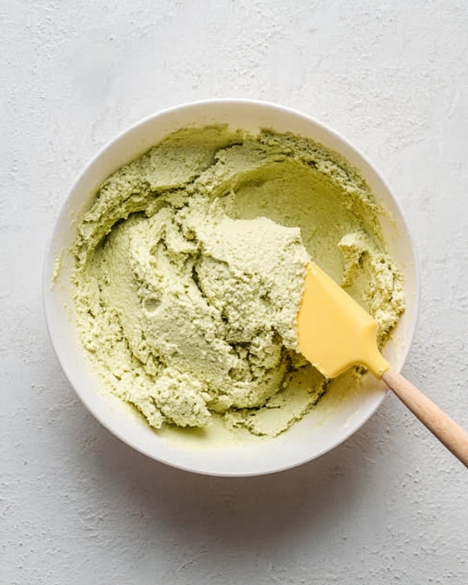 A white bowl on a white marbled surface filled with a pale green dough-like mixture. The mixture has a rough texture with some small cracks and uneven peaks. A yellow silicone spatula with a wooden handle is partially dipped into the dough on the right side, showing some of the mixture stuck to it. The lighting is bright and natural, highlighting the softness of the dough and the smooth surface of the bowl. Photo taken with an iphone --ar 4:5 --v 7