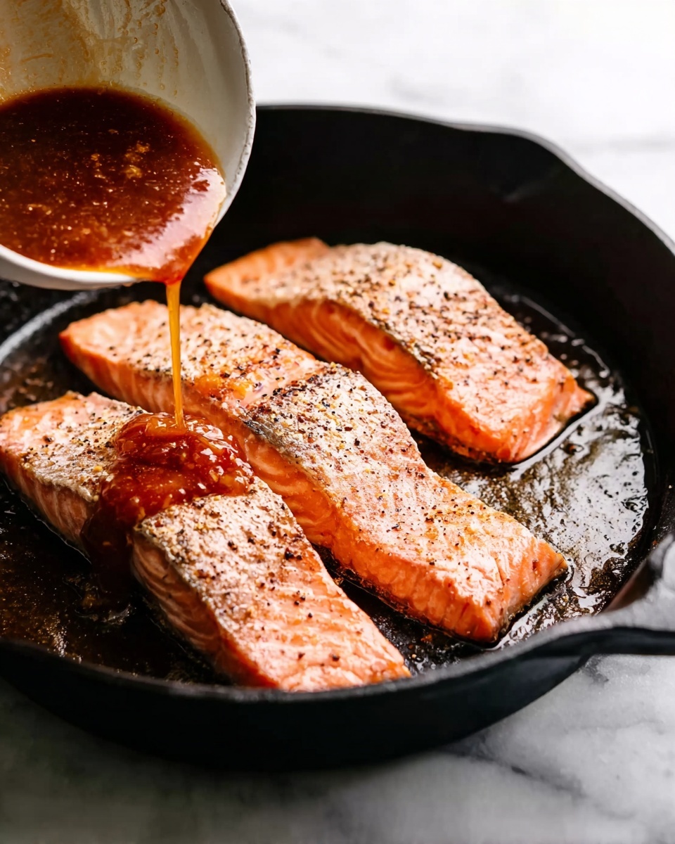 Four pieces of cooked salmon fillets with a golden crispy skin on the bottom lie in a black cast iron pan. The salmon’s surface is light pink with a slightly shiny texture, seasoned with black pepper. A white bowl is tilted above the pan, pouring a reddish-brown sauce with visible bits into the pan over the salmon. The pan sits on a white marbled surface, with natural light highlighting the textures and colors. Photo taken with an iphone --ar 4:5 --v 7