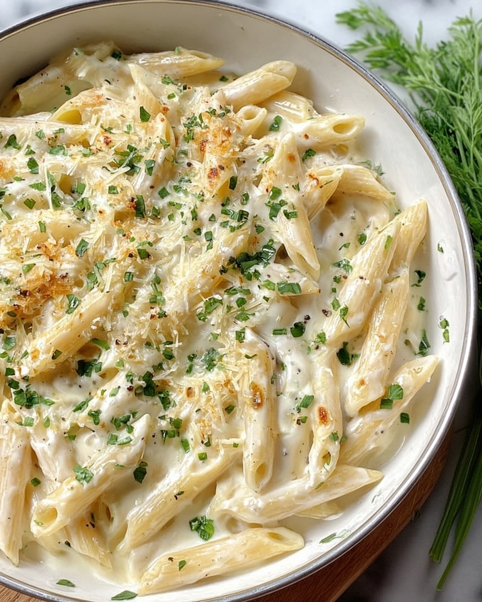 A close-up view of cooked penne pasta mixed in a creamy white sauce inside a white bowl, topped with finely chopped green herbs and a light sprinkle of grated pale yellow cheese. The sauce looks smooth and rich, coating the pasta evenly. The bowl is placed on a white marbled surface with some green herb sprigs nearby. Photo taken with an iphone --ar 4:5 --v 7