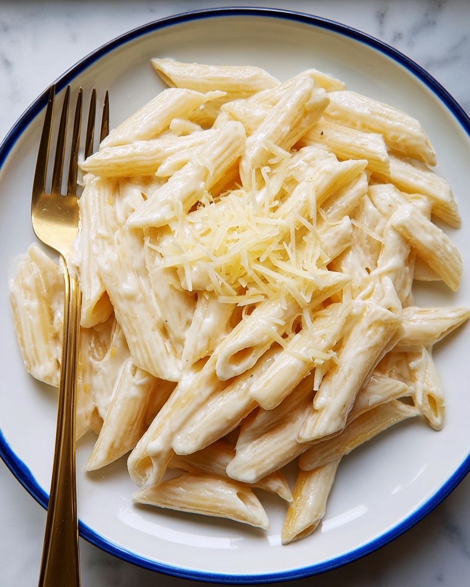 A white plate with a blue rim holds a generous serving of penne pasta covered in a creamy white sauce. The pasta pieces are arranged in a stacked, slightly messy pile, with some strands lying diagonally and others more horizontal. On top, there is a light sprinkle of finely shredded pale yellow cheese that adds texture. A shiny gold fork rests on the left side of the plate, partly on and off the pasta. The scene is set against a white marbled surface. Photo taken with an iphone --ar 4:5 --v 7