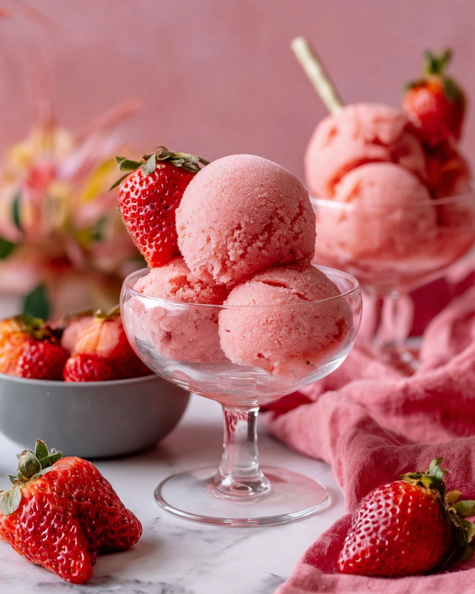 Two glass dessert cups hold three smooth, round scoops of light pink strawberry sorbet each, with a vibrant, whole strawberry on top of the front cup. Around the cups, fresh strawberries and a gray bowl filled with more pink sorbet sit on a soft pink cloth, all placed on a white marbled surface. The background is soft pink, adding warmth and brightness to the scene. Photo taken with an iphone --ar 4:5 --v 7
