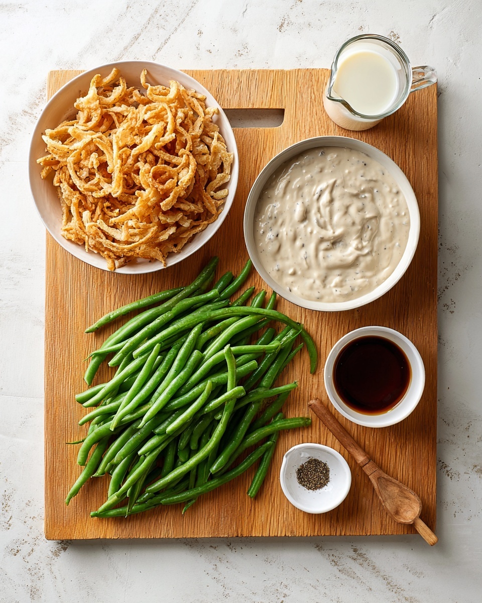A wooden cutting board on a white marbled surface holds a pile of fresh green beans spread out in the bottom left corner. On the top left of the board, there is a white bowl filled with crispy golden fried onions that have a rough, crunchy texture. Next to the bowl of onions on the right side of the board, a white bowl contains thick creamy sauce with visible specks of seasoning mixed in. To the right of that bowl on the surface are three small containers: one with a wooden spoon resting in coarse ground black pepper, a small white dish with dark brown liquid, and a clear glass measuring cup filled with milk. The items are neatly arranged and well-lit, showing vivid colors and textures. photo taken with an iphone --ar 4:5 --v 7