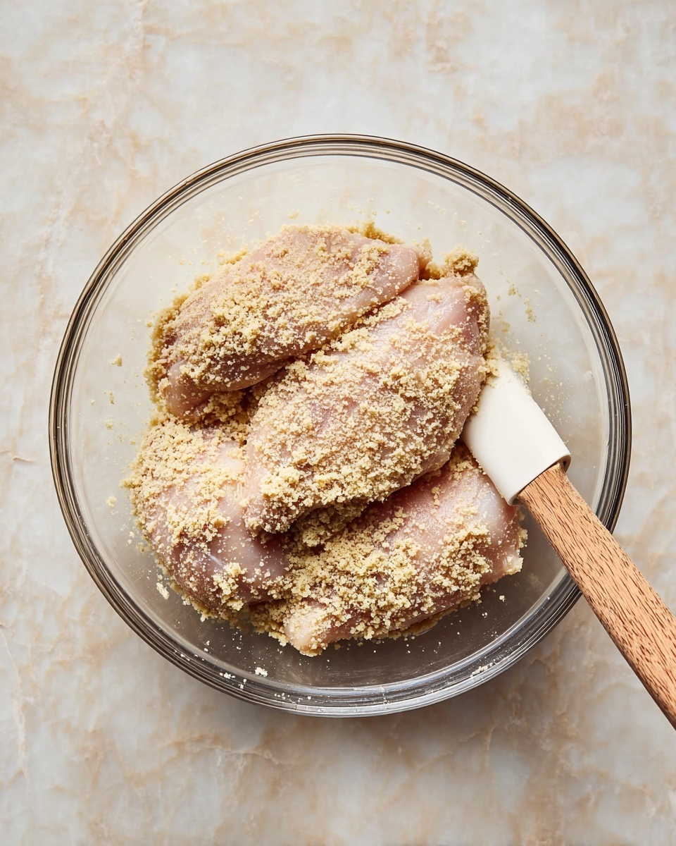 A clear glass bowl holds three raw chicken pieces coated with a crumbly, pale beige mixture that looks like breadcrumbs and spices. The chicken pieces are arranged side by side, slightly overlapping each other. A wooden-handled spatula with a white silicone head rests inside the bowl on the right side. The bowl is placed on a white marbled surface, giving a clean and bright background to the image. The lighting is soft and natural, coming from the top left. Photo taken with an iphone --ar 4:5 --v 7