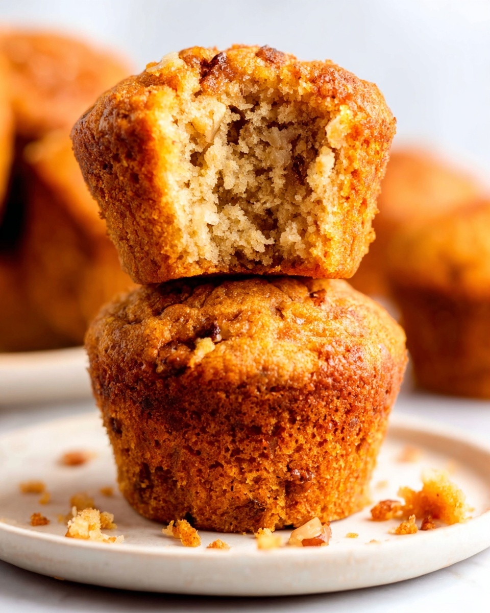The image shows a small stack of three golden brown muffins on a white plate. The top muffin is split in half, revealing a soft, moist inside with bits of darker ingredients, maybe nuts or spices. The muffins have a slightly crumbly texture on the outside, with a few crumbs scattered around the plate. The background is a soft white marbled surface that gives a clean and bright feel to the image. Photo taken with an iphone --ar 4:5 --v 7